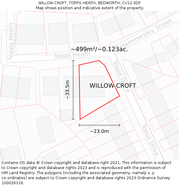 WILLOW CROFT, TOPPS HEATH, BEDWORTH, CV12 0DF: Plot and title map