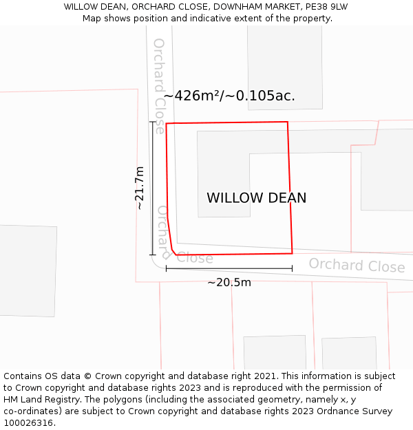 WILLOW DEAN, ORCHARD CLOSE, DOWNHAM MARKET, PE38 9LW: Plot and title map