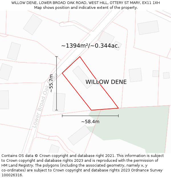 WILLOW DENE, LOWER BROAD OAK ROAD, WEST HILL, OTTERY ST MARY, EX11 1XH: Plot and title map