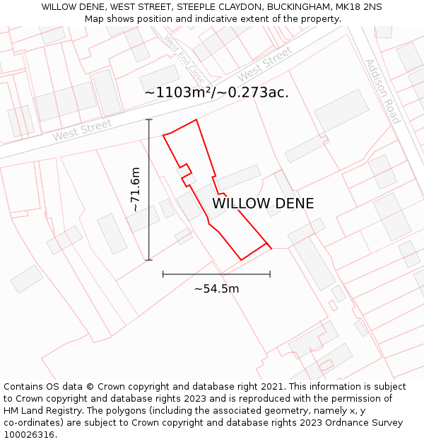 WILLOW DENE, WEST STREET, STEEPLE CLAYDON, BUCKINGHAM, MK18 2NS: Plot and title map