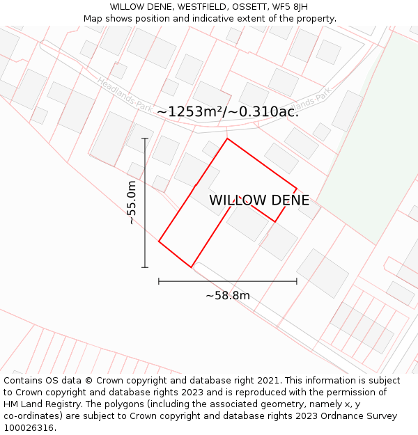 WILLOW DENE, WESTFIELD, OSSETT, WF5 8JH: Plot and title map