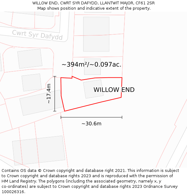 WILLOW END, CWRT SYR DAFYDD, LLANTWIT MAJOR, CF61 2SR: Plot and title map