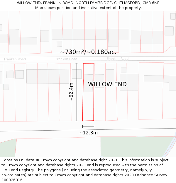 WILLOW END, FRANKLIN ROAD, NORTH FAMBRIDGE, CHELMSFORD, CM3 6NF: Plot and title map