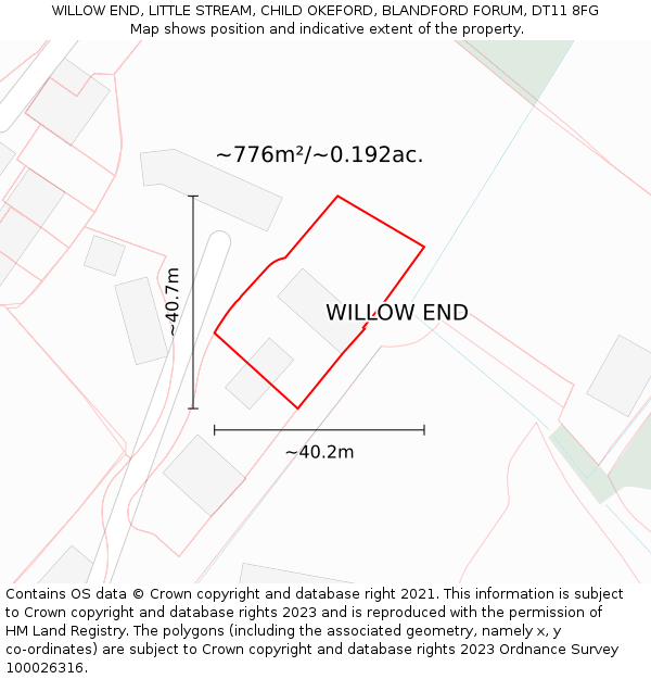 WILLOW END, LITTLE STREAM, CHILD OKEFORD, BLANDFORD FORUM, DT11 8FG: Plot and title map