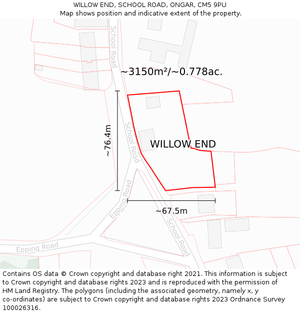 WILLOW END, SCHOOL ROAD, ONGAR, CM5 9PU: Plot and title map