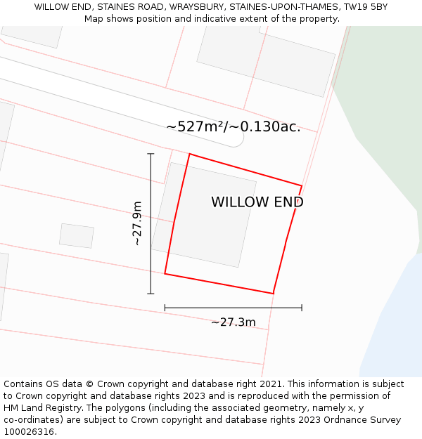 WILLOW END, STAINES ROAD, WRAYSBURY, STAINES-UPON-THAMES, TW19 5BY: Plot and title map