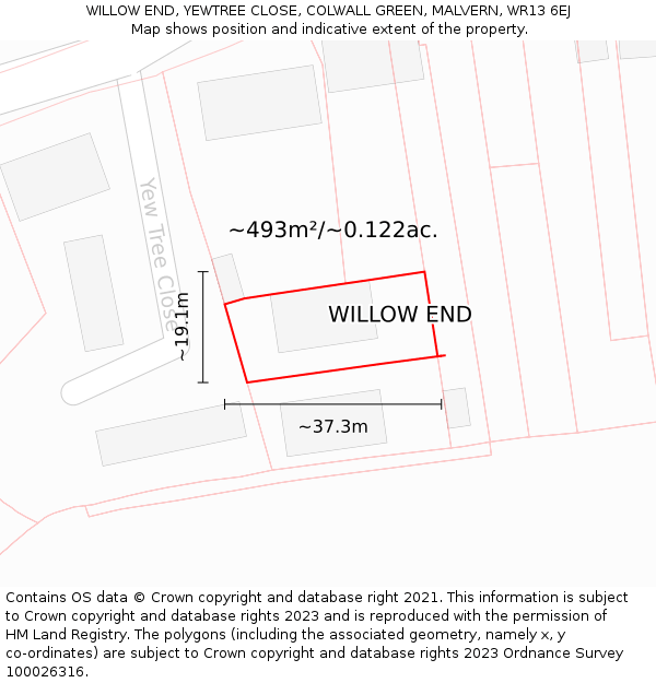 WILLOW END, YEWTREE CLOSE, COLWALL GREEN, MALVERN, WR13 6EJ: Plot and title map