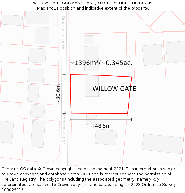 WILLOW GATE, GODMANS LANE, KIRK ELLA, HULL, HU10 7NY: Plot and title map