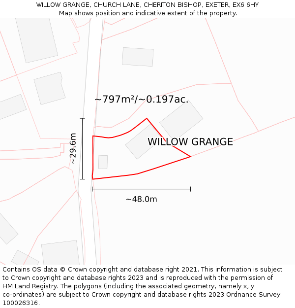 WILLOW GRANGE, CHURCH LANE, CHERITON BISHOP, EXETER, EX6 6HY: Plot and title map