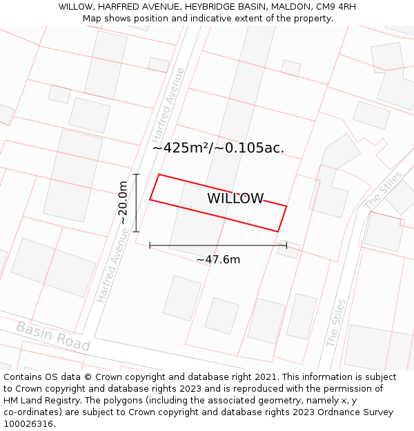 WILLOW, HARFRED AVENUE, HEYBRIDGE BASIN, MALDON, CM9 4RH: Plot and title map
