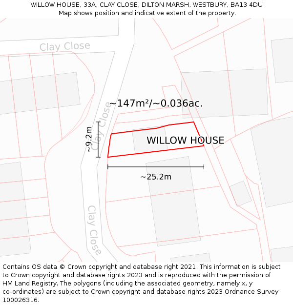 WILLOW HOUSE, 33A, CLAY CLOSE, DILTON MARSH, WESTBURY, BA13 4DU: Plot and title map