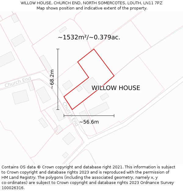 WILLOW HOUSE, CHURCH END, NORTH SOMERCOTES, LOUTH, LN11 7PZ: Plot and title map