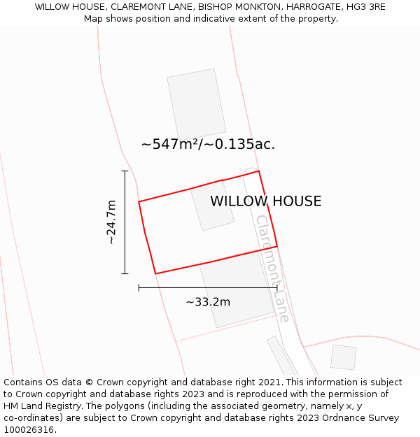 WILLOW HOUSE, CLAREMONT LANE, BISHOP MONKTON, HARROGATE, HG3 3RE: Plot and title map