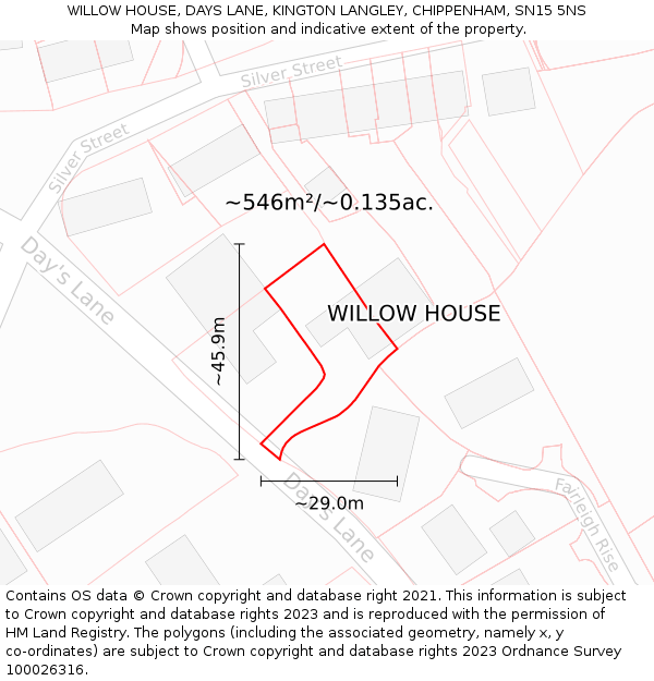 WILLOW HOUSE, DAYS LANE, KINGTON LANGLEY, CHIPPENHAM, SN15 5NS: Plot and title map