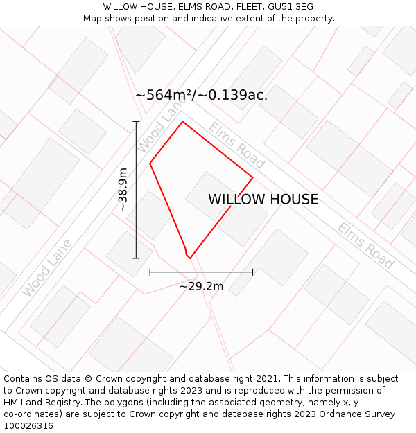 WILLOW HOUSE, ELMS ROAD, FLEET, GU51 3EG: Plot and title map