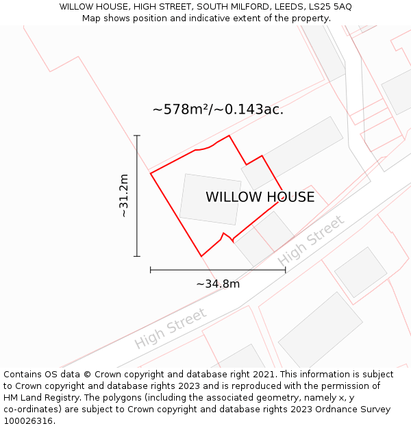 WILLOW HOUSE, HIGH STREET, SOUTH MILFORD, LEEDS, LS25 5AQ: Plot and title map