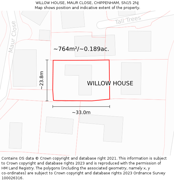 WILLOW HOUSE, MAUR CLOSE, CHIPPENHAM, SN15 2NJ: Plot and title map