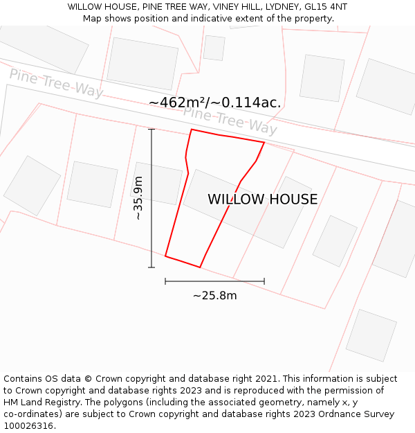 WILLOW HOUSE, PINE TREE WAY, VINEY HILL, LYDNEY, GL15 4NT: Plot and title map