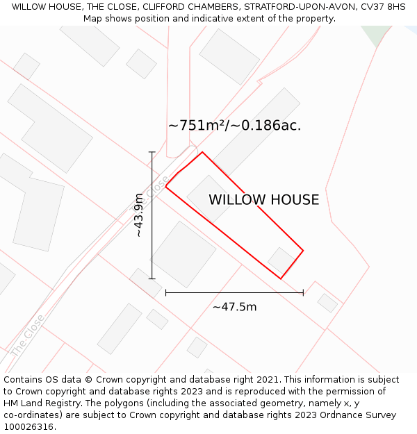 WILLOW HOUSE, THE CLOSE, CLIFFORD CHAMBERS, STRATFORD-UPON-AVON, CV37 8HS: Plot and title map