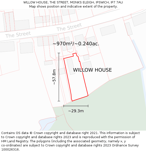 WILLOW HOUSE, THE STREET, MONKS ELEIGH, IPSWICH, IP7 7AU: Plot and title map