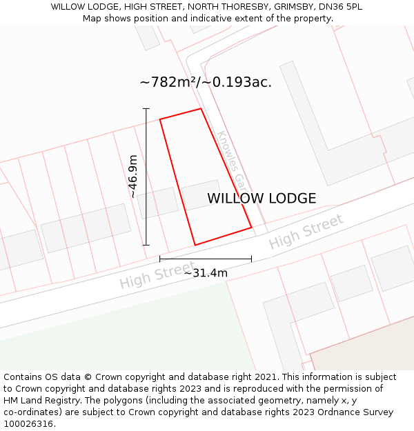 WILLOW LODGE, HIGH STREET, NORTH THORESBY, GRIMSBY, DN36 5PL: Plot and title map