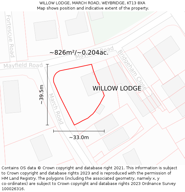 WILLOW LODGE, MARCH ROAD, WEYBRIDGE, KT13 8XA: Plot and title map