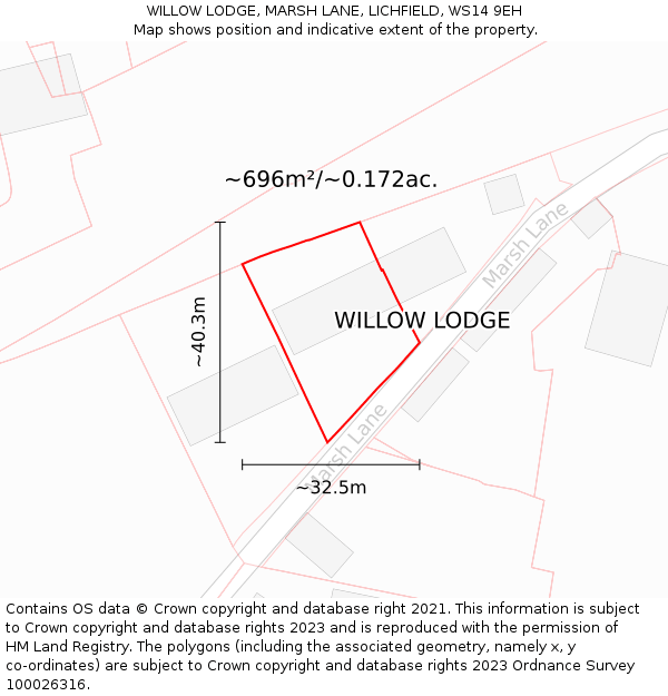 WILLOW LODGE, MARSH LANE, LICHFIELD, WS14 9EH: Plot and title map