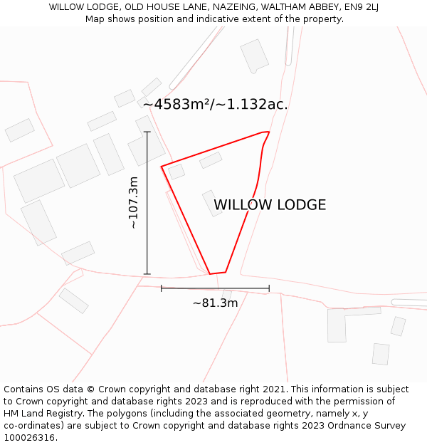 WILLOW LODGE, OLD HOUSE LANE, NAZEING, WALTHAM ABBEY, EN9 2LJ: Plot and title map