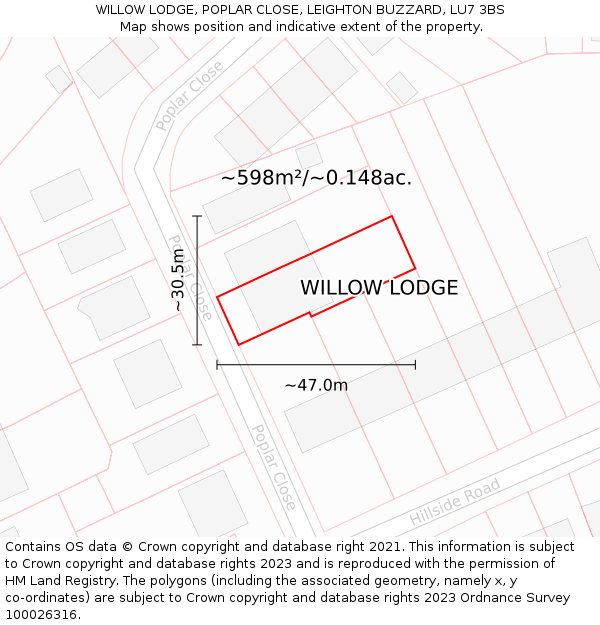 WILLOW LODGE, POPLAR CLOSE, LEIGHTON BUZZARD, LU7 3BS: Plot and title map