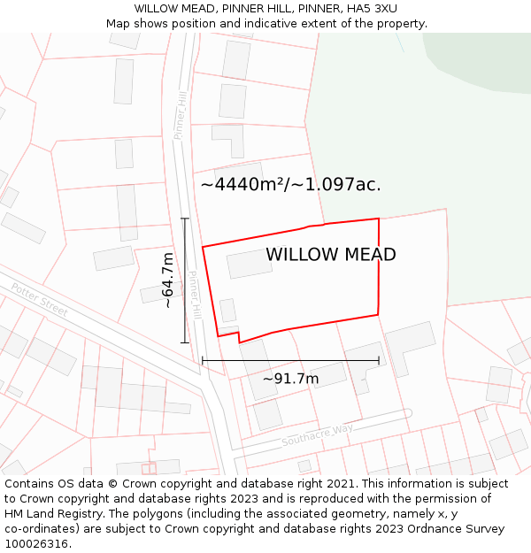 WILLOW MEAD, PINNER HILL, PINNER, HA5 3XU: Plot and title map