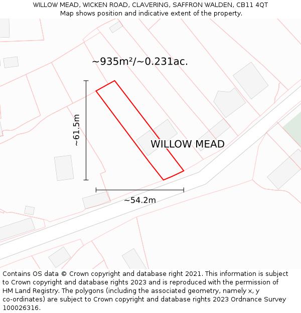 WILLOW MEAD, WICKEN ROAD, CLAVERING, SAFFRON WALDEN, CB11 4QT: Plot and title map