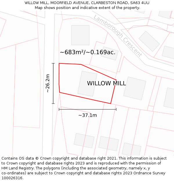 WILLOW MILL, MOORFIELD AVENUE, CLARBESTON ROAD, SA63 4UU: Plot and title map