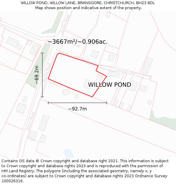 WILLOW POND, WILLOW LANE, BRANSGORE, CHRISTCHURCH, BH23 8DL: Plot and title map