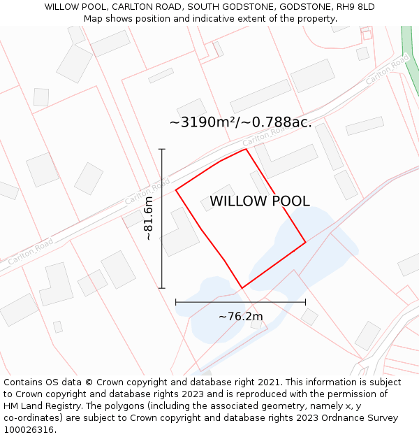 WILLOW POOL, CARLTON ROAD, SOUTH GODSTONE, GODSTONE, RH9 8LD: Plot and title map