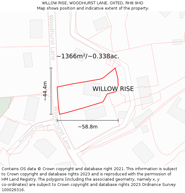 WILLOW RISE, WOODHURST LANE, OXTED, RH8 9HD: Plot and title map