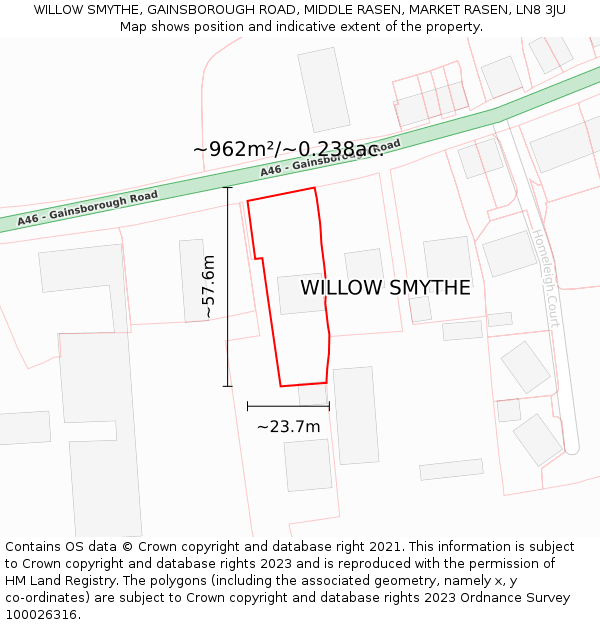 WILLOW SMYTHE, GAINSBOROUGH ROAD, MIDDLE RASEN, MARKET RASEN, LN8 3JU: Plot and title map