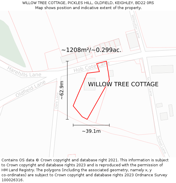 WILLOW TREE COTTAGE, PICKLES HILL, OLDFIELD, KEIGHLEY, BD22 0RS: Plot and title map