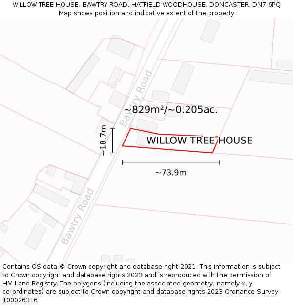 WILLOW TREE HOUSE, BAWTRY ROAD, HATFIELD WOODHOUSE, DONCASTER, DN7 6PQ: Plot and title map