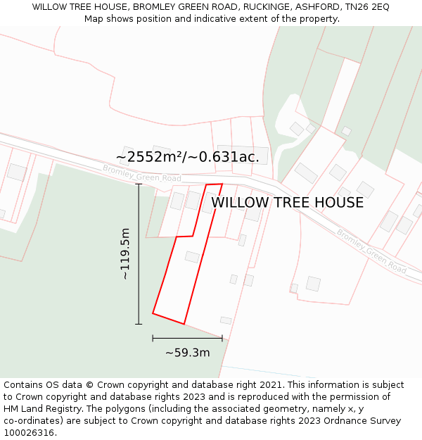 WILLOW TREE HOUSE, BROMLEY GREEN ROAD, RUCKINGE, ASHFORD, TN26 2EQ: Plot and title map