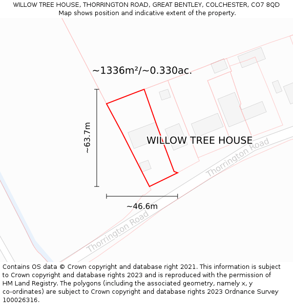 WILLOW TREE HOUSE, THORRINGTON ROAD, GREAT BENTLEY, COLCHESTER, CO7 8QD: Plot and title map