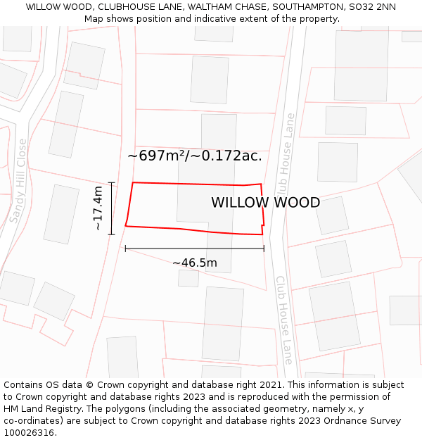 WILLOW WOOD, CLUBHOUSE LANE, WALTHAM CHASE, SOUTHAMPTON, SO32 2NN: Plot and title map