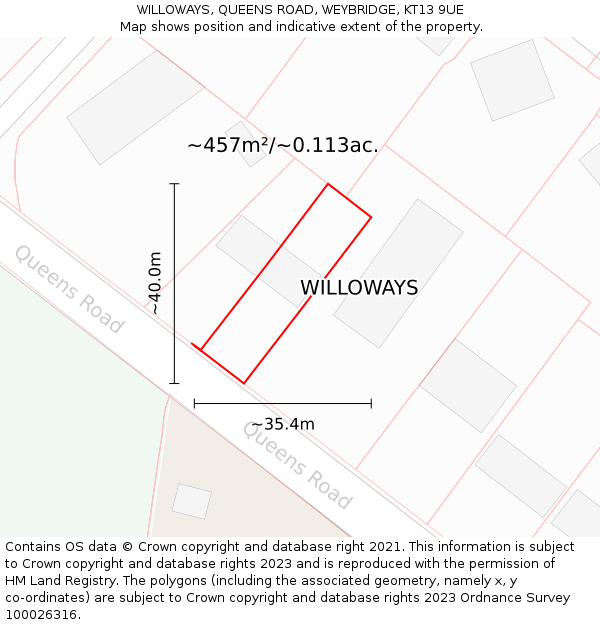 WILLOWAYS, QUEENS ROAD, WEYBRIDGE, KT13 9UE: Plot and title map