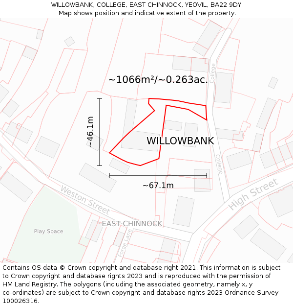 WILLOWBANK, COLLEGE, EAST CHINNOCK, YEOVIL, BA22 9DY: Plot and title map