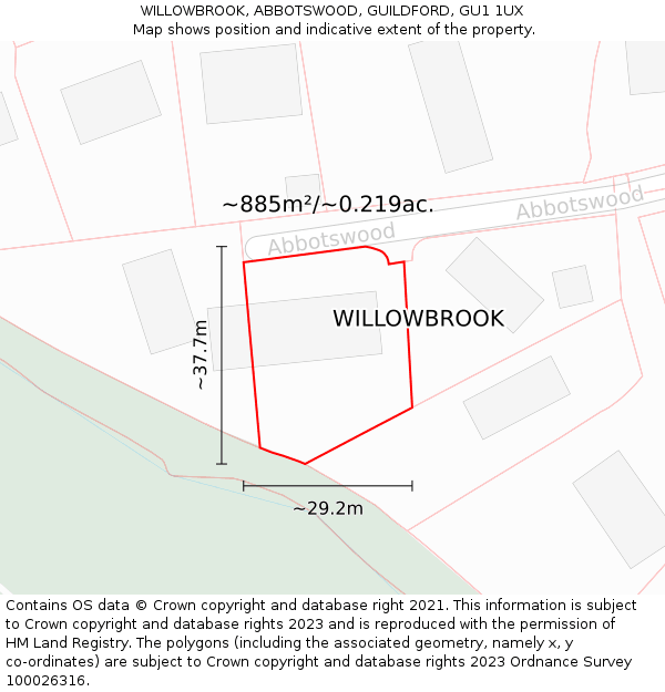 WILLOWBROOK, ABBOTSWOOD, GUILDFORD, GU1 1UX: Plot and title map