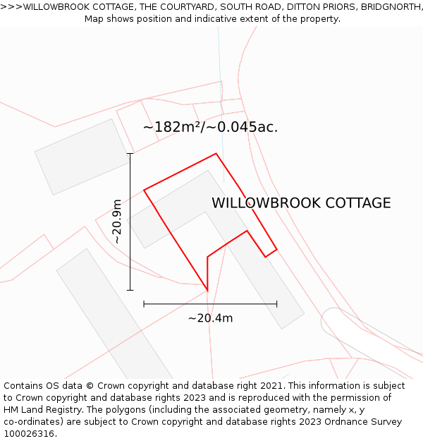 WILLOWBROOK COTTAGE, THE COURTYARD, SOUTH ROAD, DITTON PRIORS, BRIDGNORTH, WV16 6SJ: Plot and title map