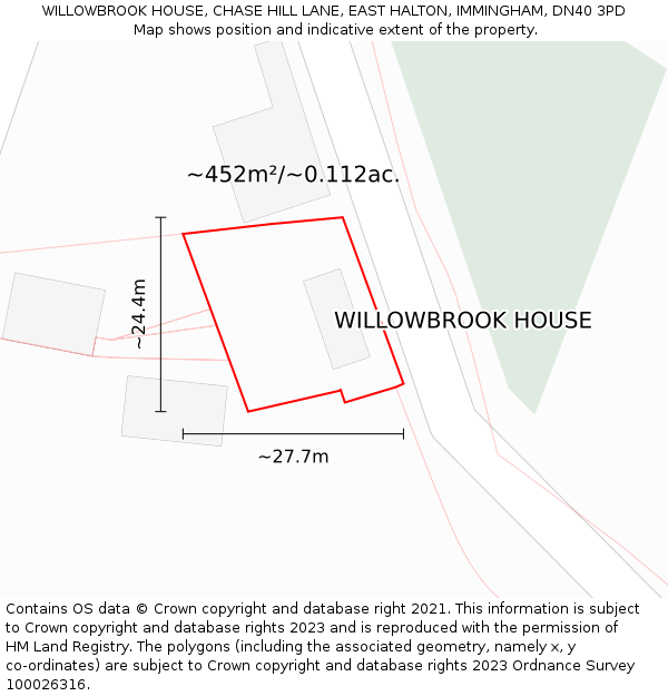 WILLOWBROOK HOUSE, CHASE HILL LANE, EAST HALTON, IMMINGHAM, DN40 3PD: Plot and title map