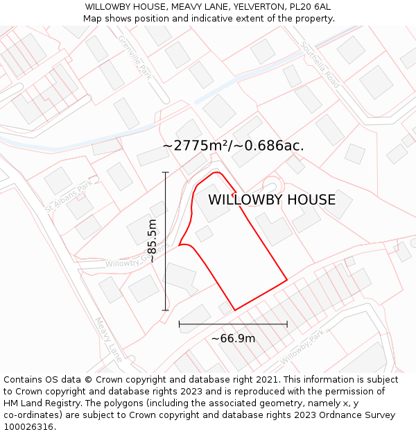 WILLOWBY HOUSE, MEAVY LANE, YELVERTON, PL20 6AL: Plot and title map