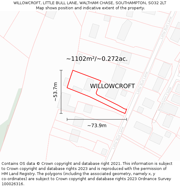 WILLOWCROFT, LITTLE BULL LANE, WALTHAM CHASE, SOUTHAMPTON, SO32 2LT: Plot and title map