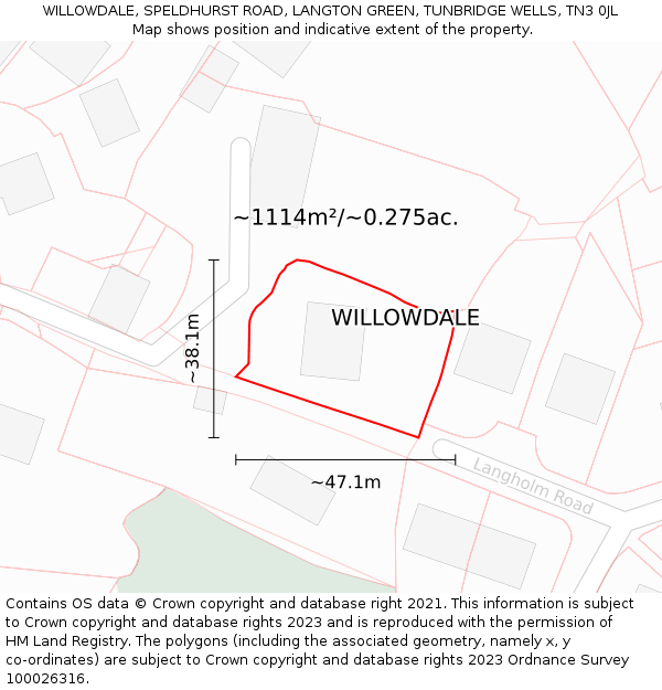 WILLOWDALE, SPELDHURST ROAD, LANGTON GREEN, TUNBRIDGE WELLS, TN3 0JL: Plot and title map