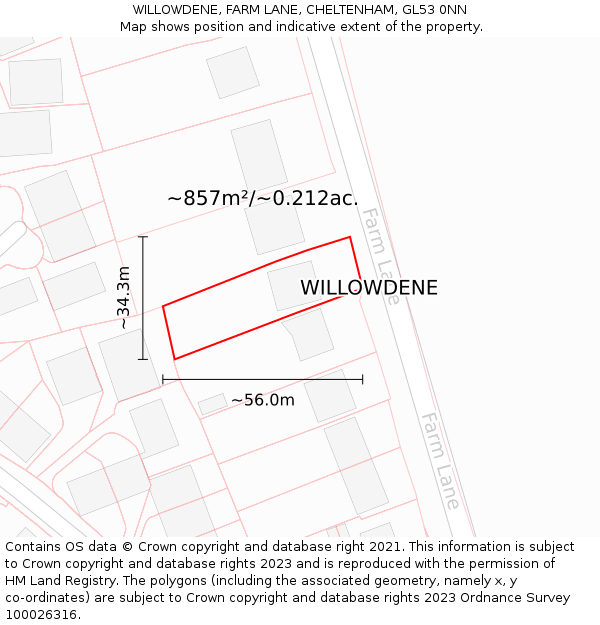 WILLOWDENE, FARM LANE, CHELTENHAM, GL53 0NN: Plot and title map